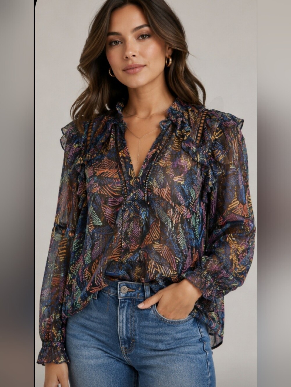 NWT Promod Bluzka Ingek Colorful Metallic Leaf Print Women's Top